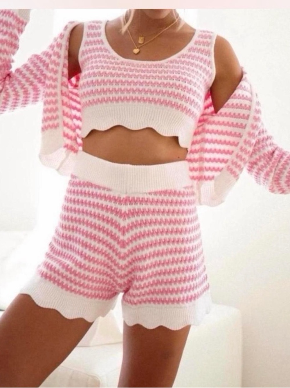Pink & White Knit Crop Tank and Shorts Set - Women Sweaters Cardigans